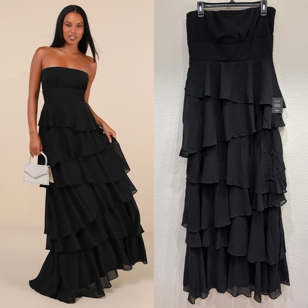 NWOT Lulus Gorgeous Essence Black Strapless Tiered Maxi Dress